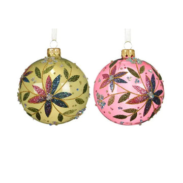 Yellow Pink Glitter Flower Ball Ornament