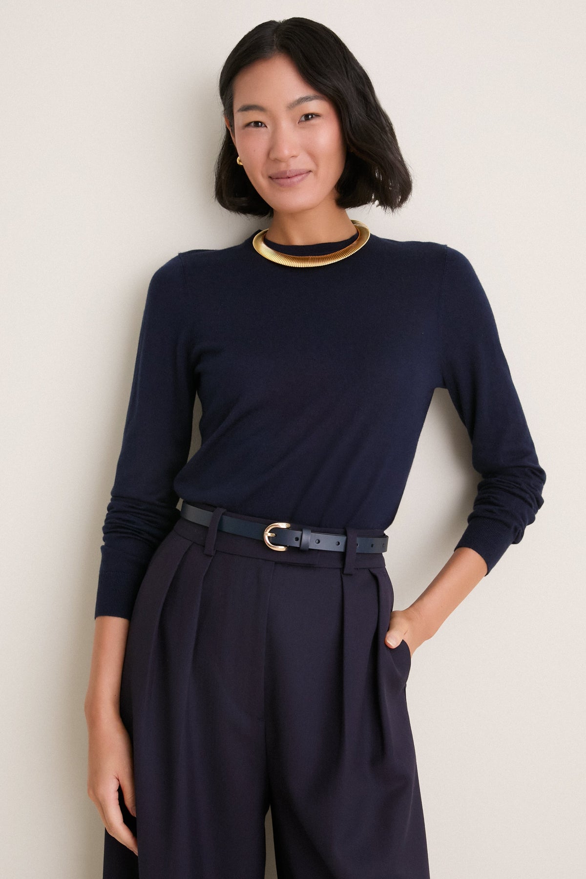 Navy Cashmere Silk Long Sleeve Katie Tee