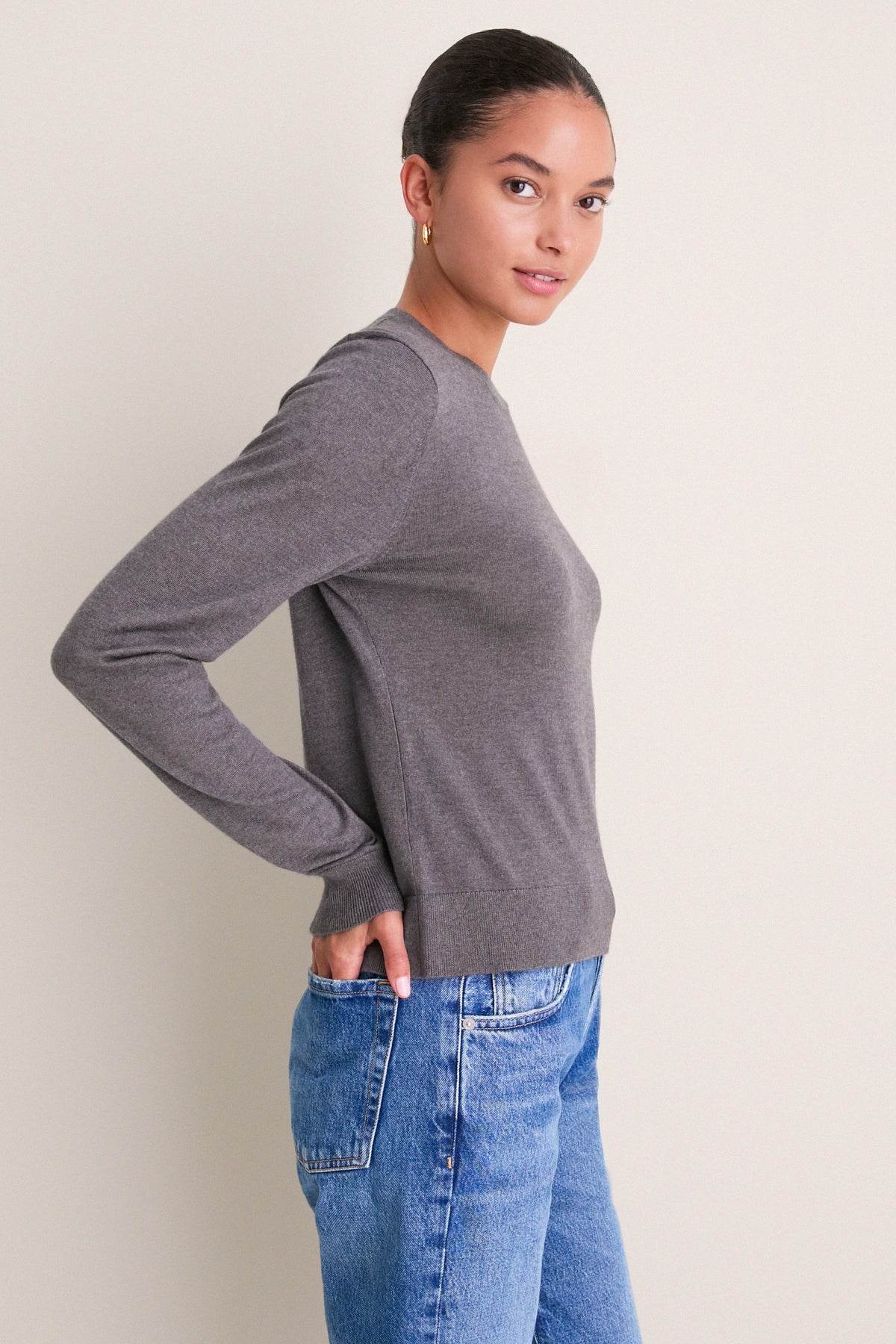 Charcoal Cashmere Silk Long Sleeve Katie Tee