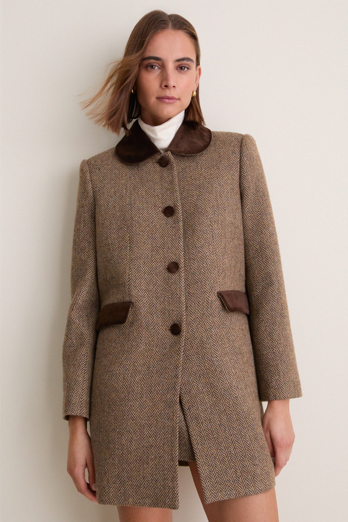 Herringbone Velvet Trim Patton Coat