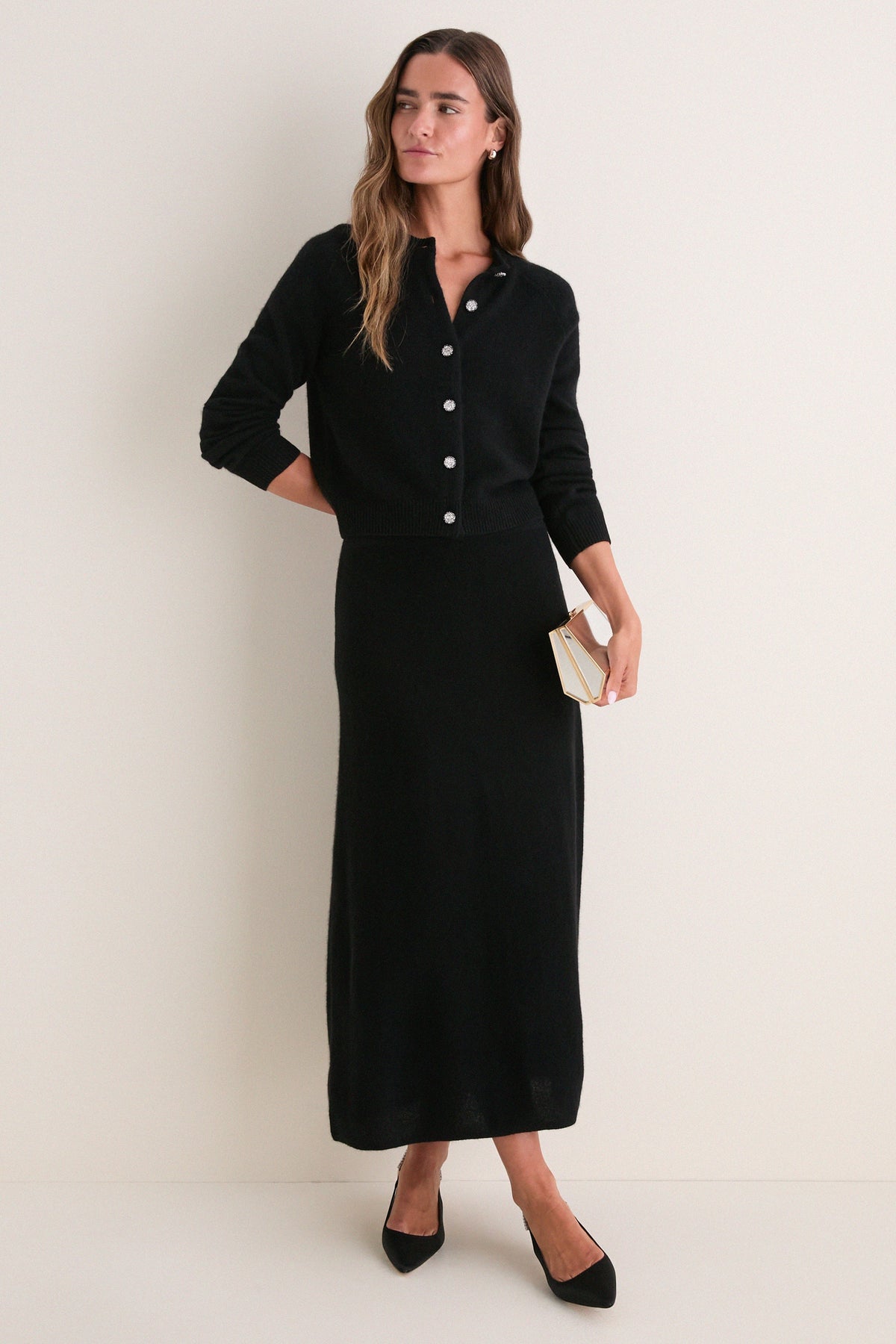 Black Cashmere Embellished Button Lillian Cardigan