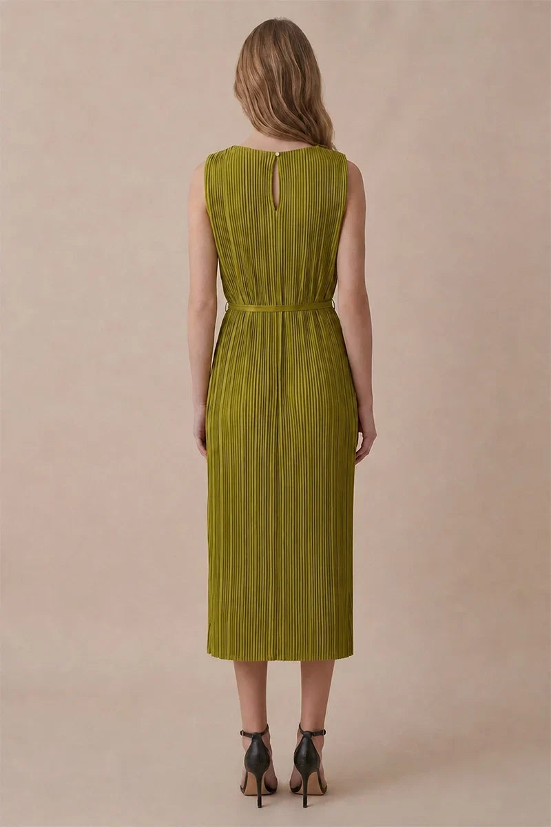 GOLD HARDWARE TRIM PLISSE MIDI DRESS