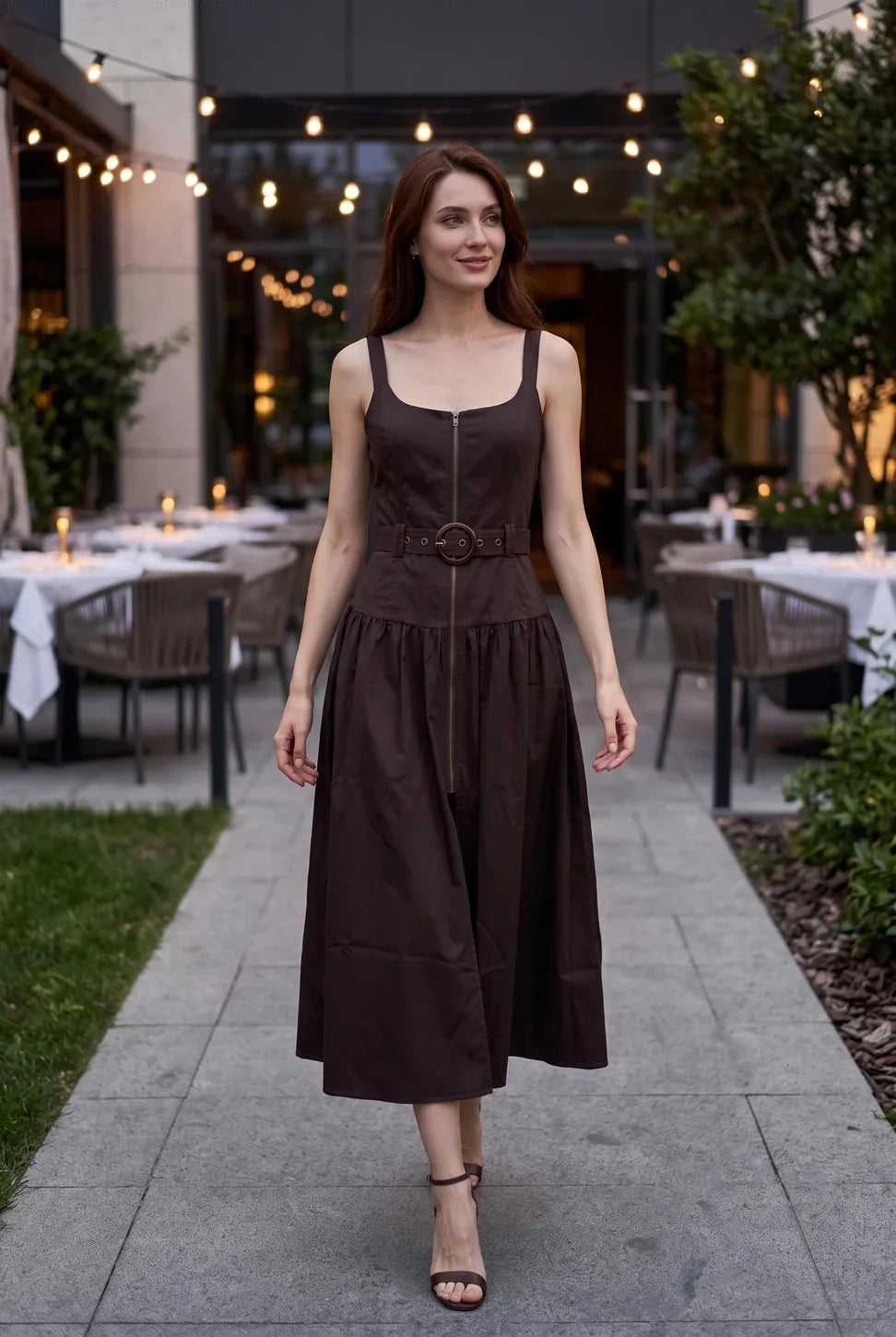 BELTED ZIP FRONT MIDI DRESS