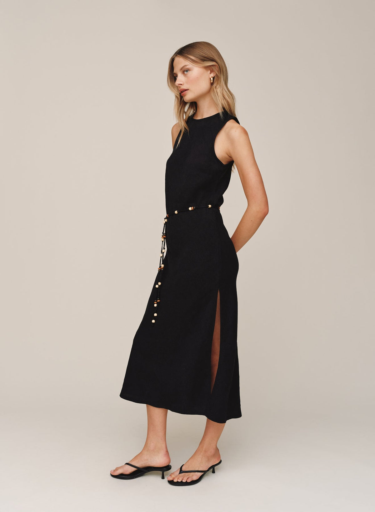 BIAS MIDI DRESS WITH BEADED BELT