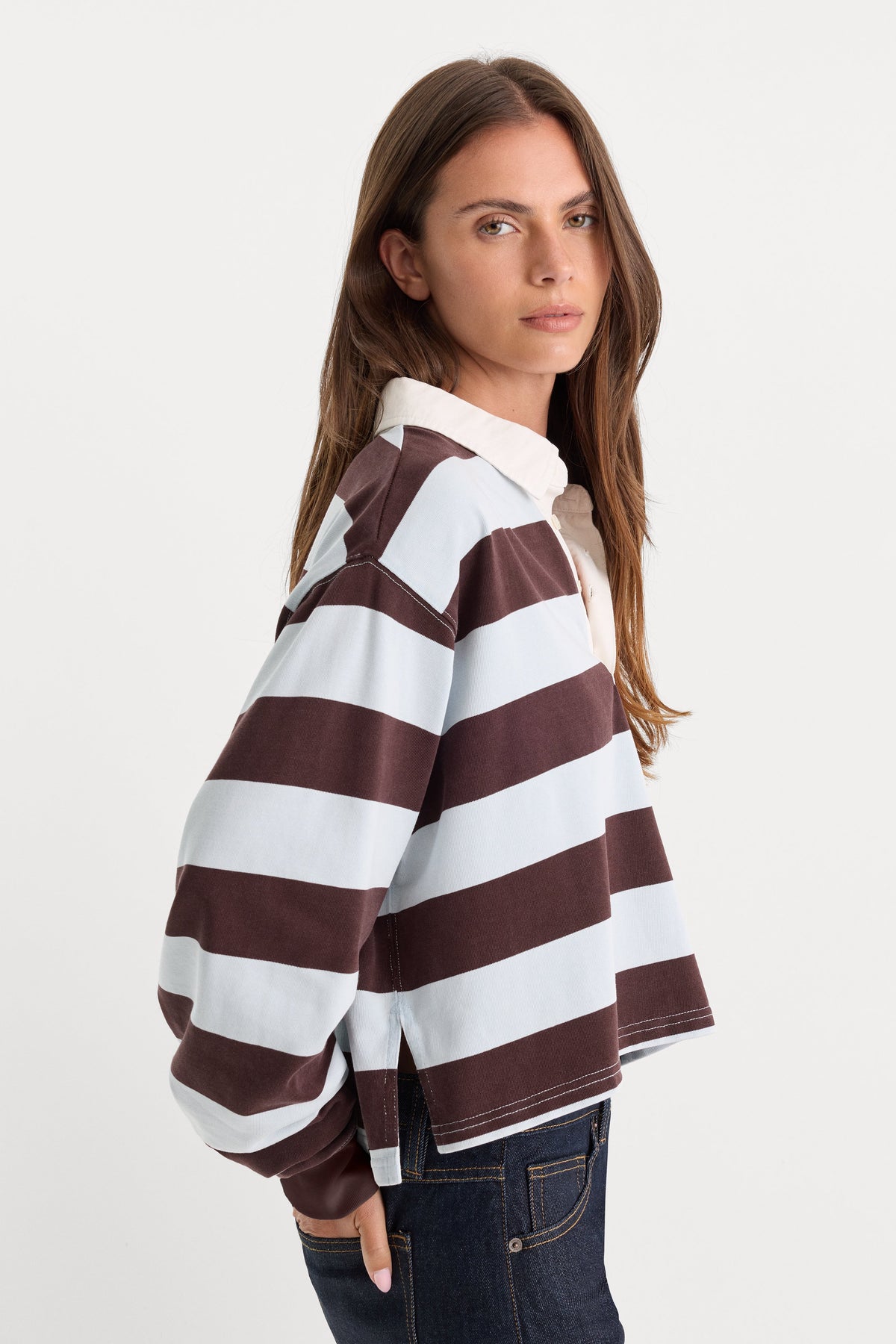 THE CROPPED RUGBY POLO | ESPRESSO SKY BLOCK STRIPE