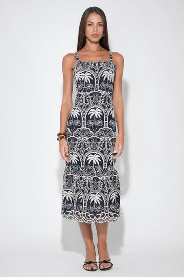 EVANGELINE SCALLOP COTTON EMBROIDERY MIDI DRESS