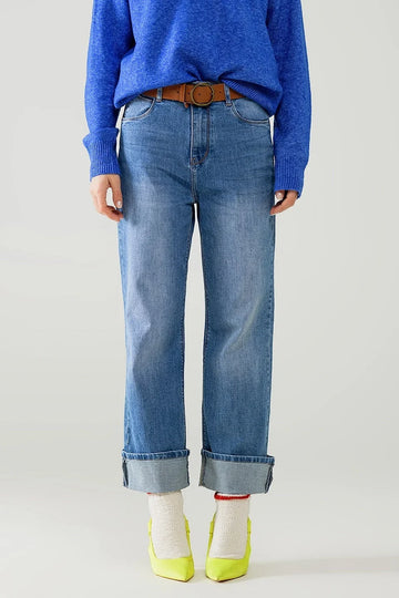 STRAIGHT FIT CUFFED JEANS WITH MID WASH
