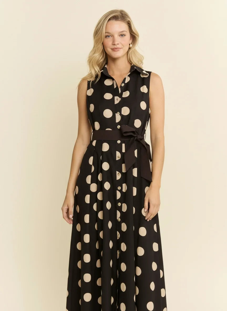 POLKA DOT BUTTON DOWN BELTED SLEEVELESS SHIRT DRESS