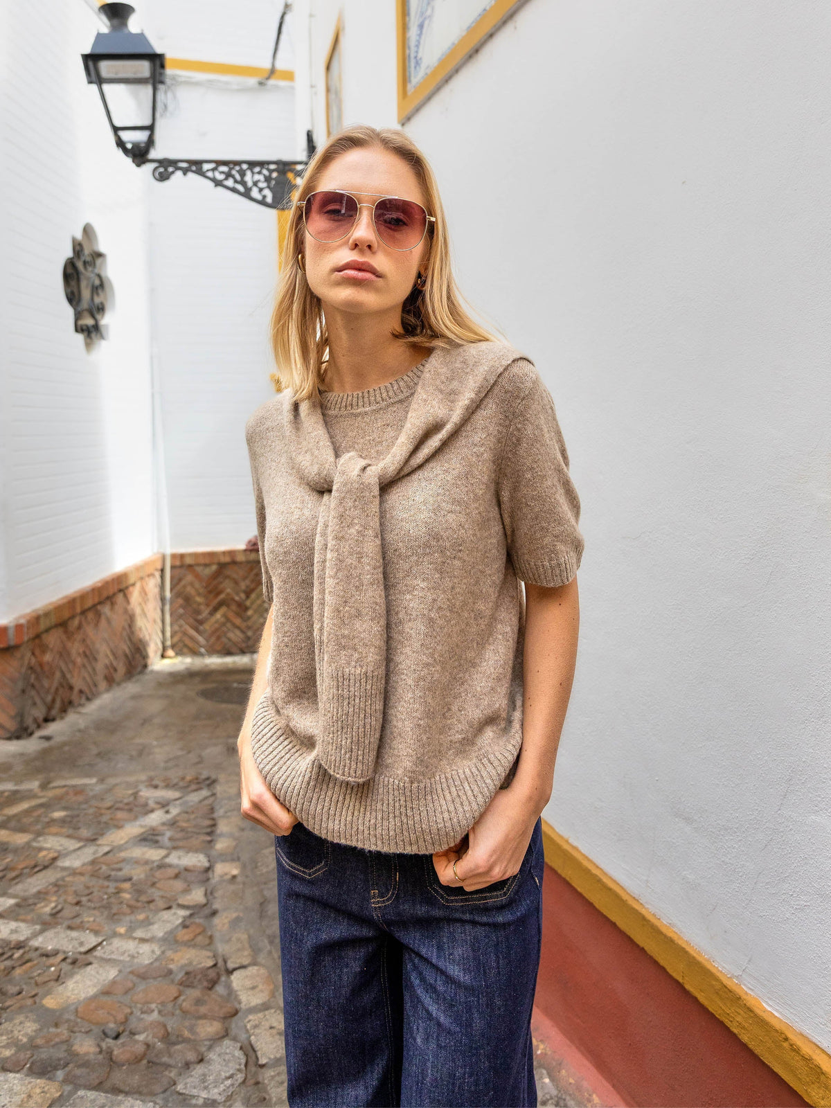 Short Sleeve Sweater With Sleeve Detail - Truffle