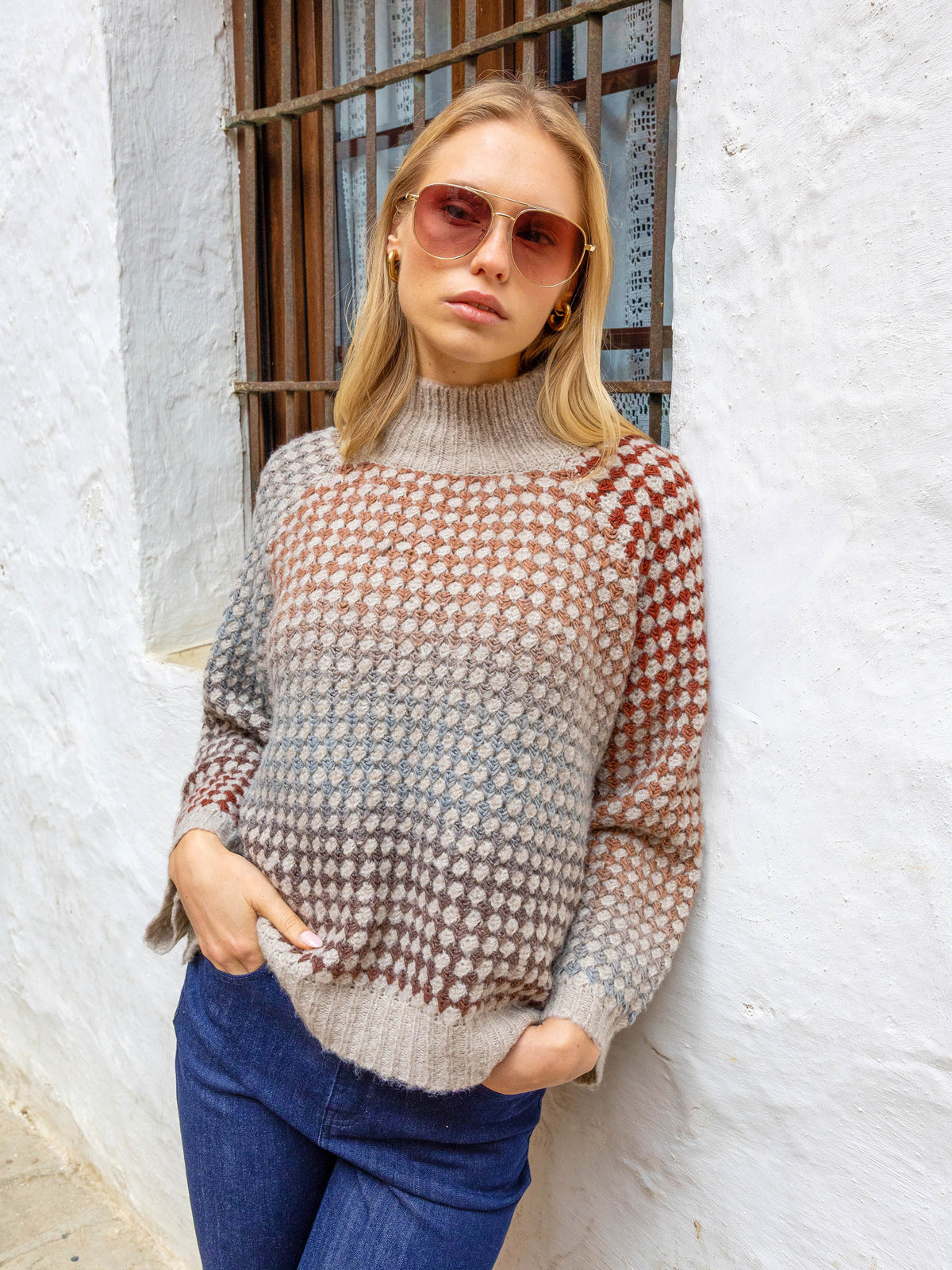 Mock Neck Knit Sweater - Multicolor
