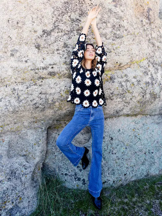 Floral Hand-Crochet Sweater - Black