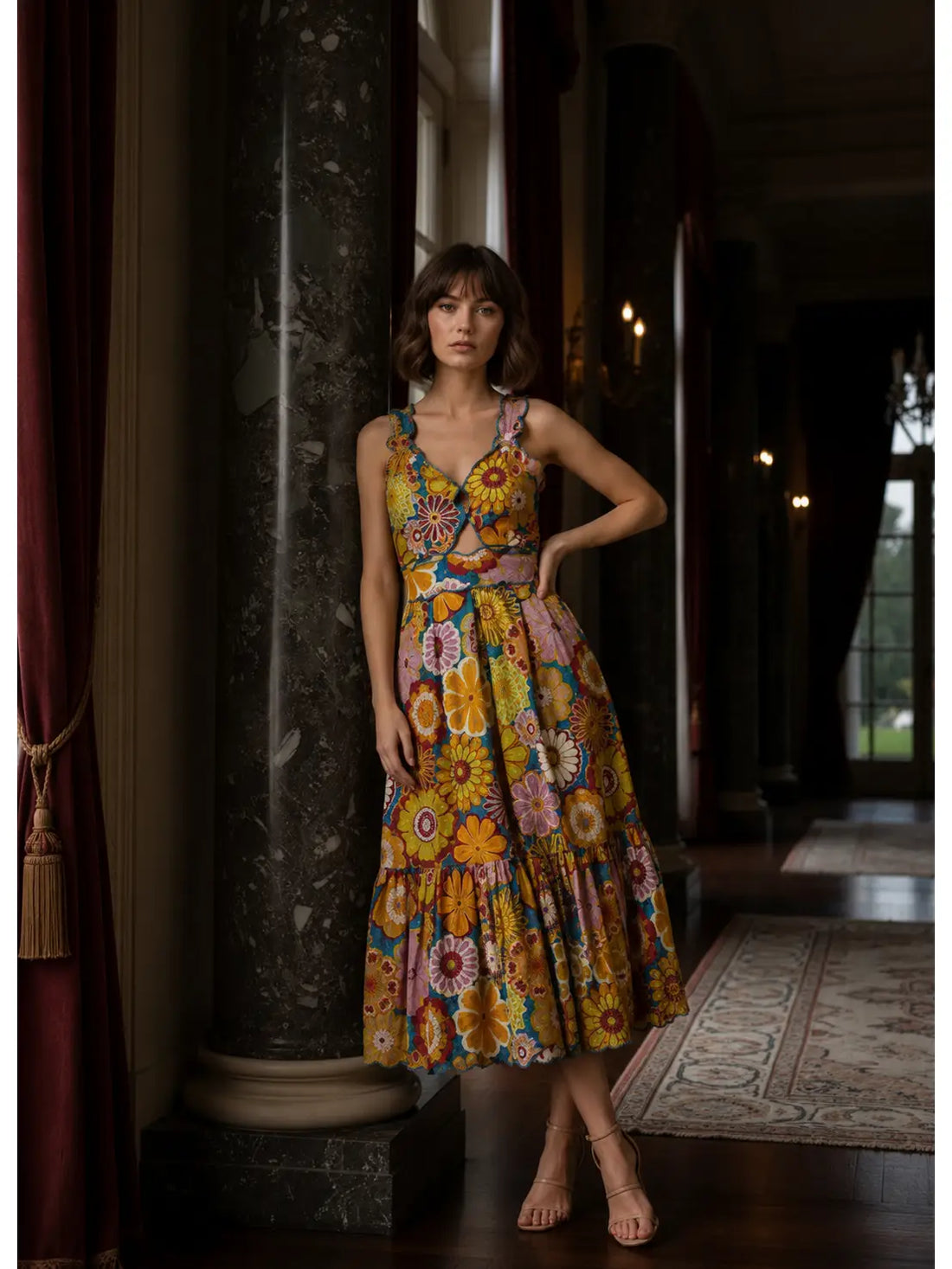 V NECK LINE LASER CUT WITH PIPING MIDI DRESS