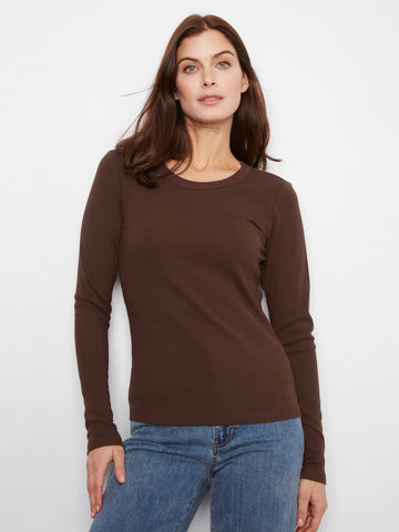 Cotton Blend Ribbed Long Sleeve Top - Coffee