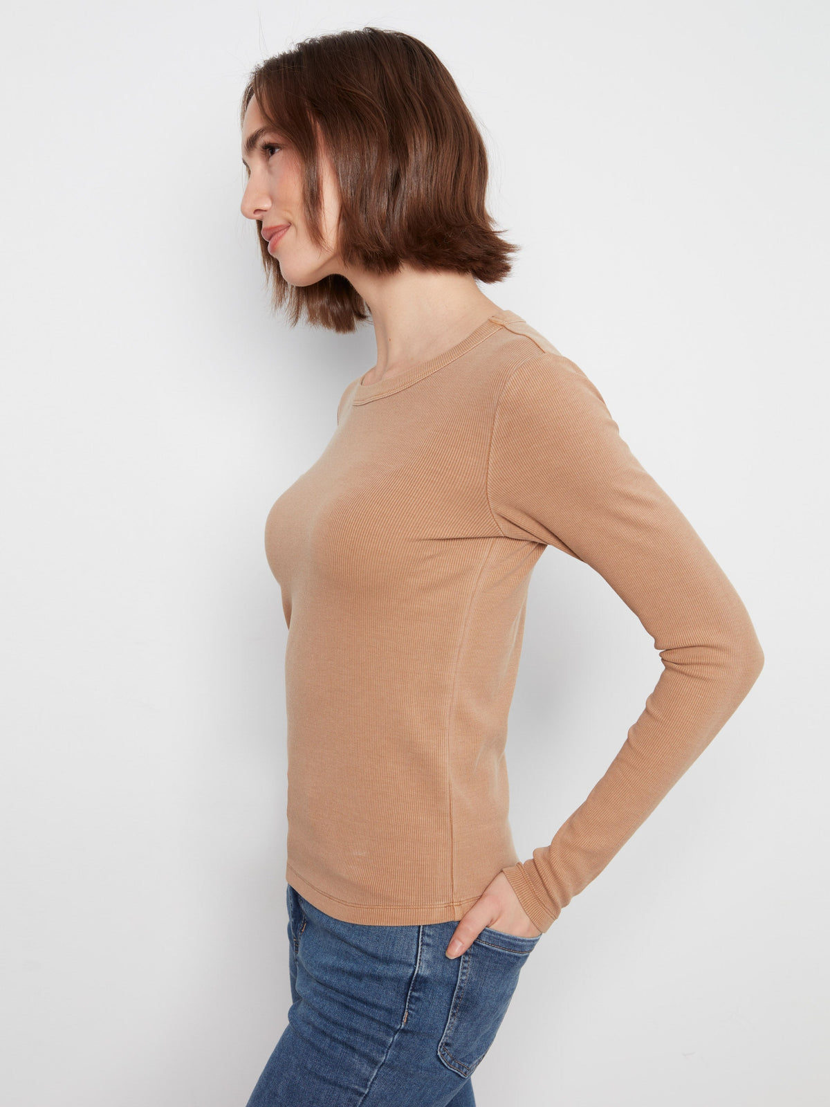 Cotton Blend Ribbed Long Sleeve Top - Truffle