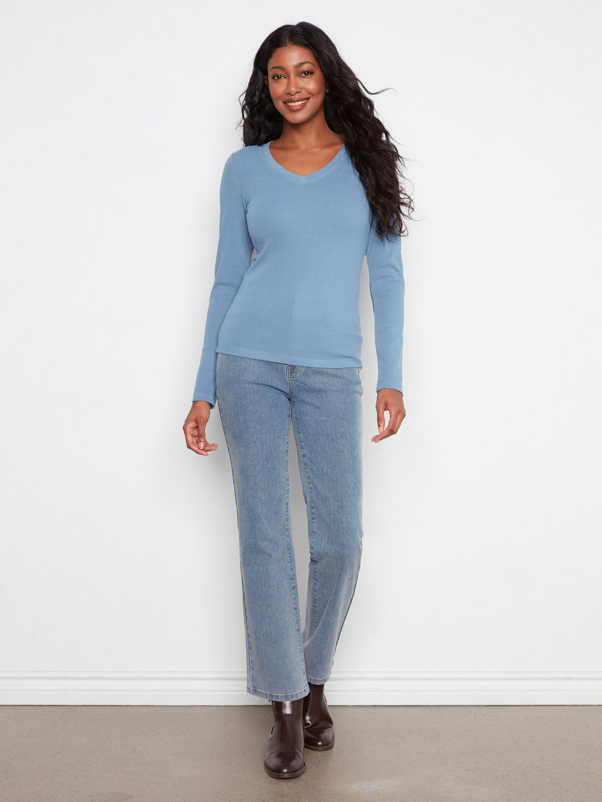 Cotton Blend Ribbed Long Sleeve V-Neck Top - Storm