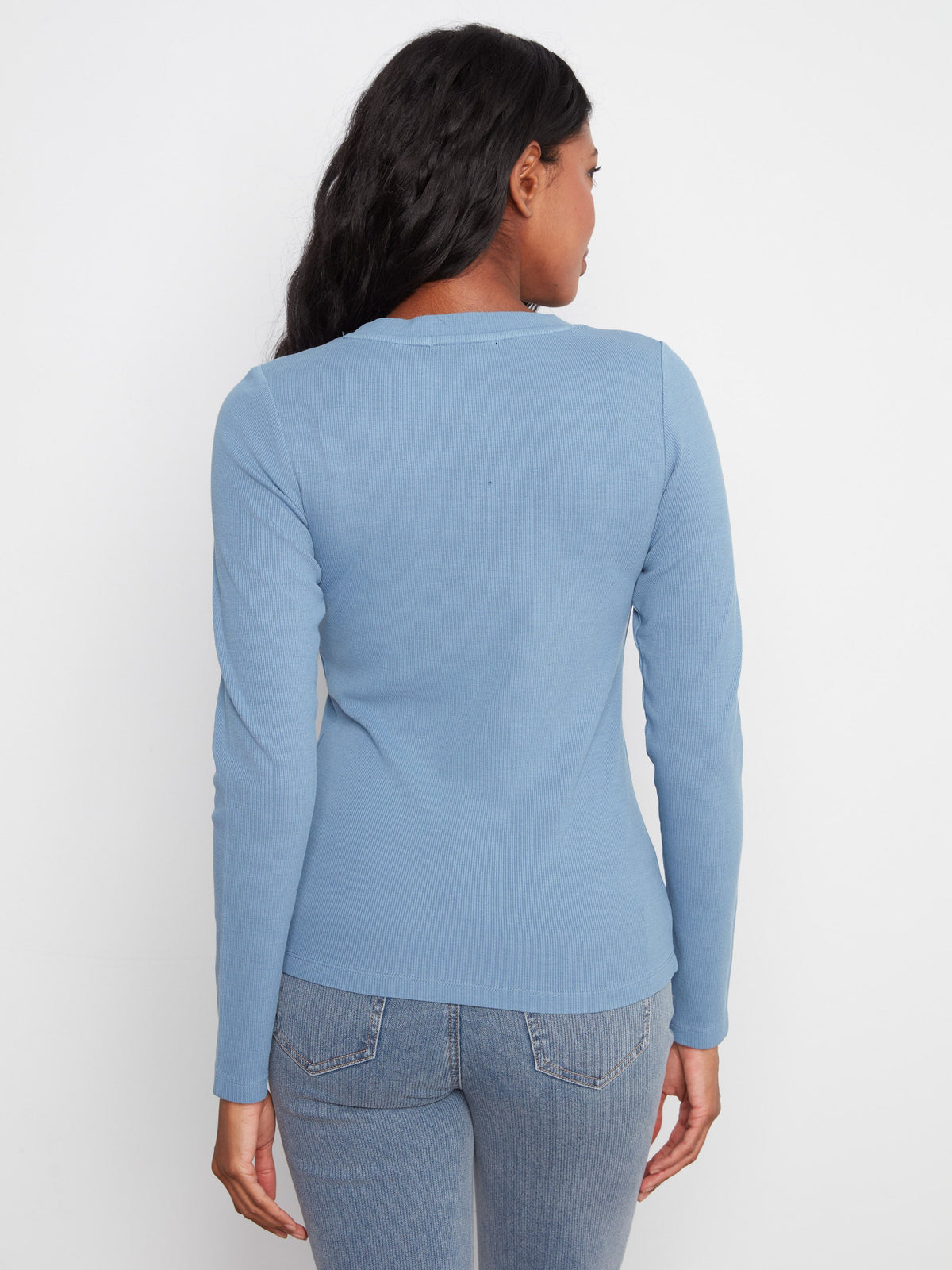 Cotton Blend Ribbed Long Sleeve V-Neck Top - Storm