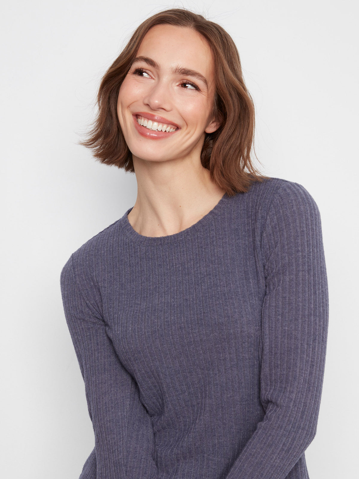 Brushed Ribbed Crew Neck Top - Heather Denim