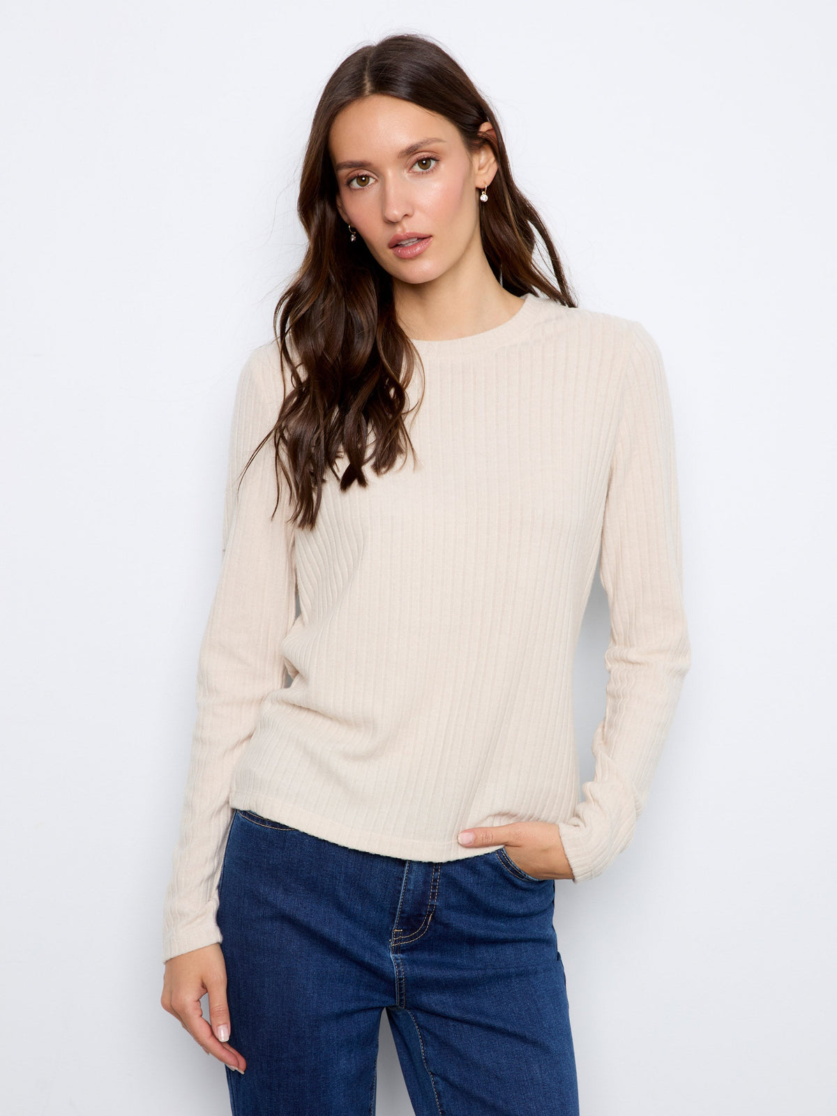 Brushed Ribbed Crew Neck Top - Heather Oat