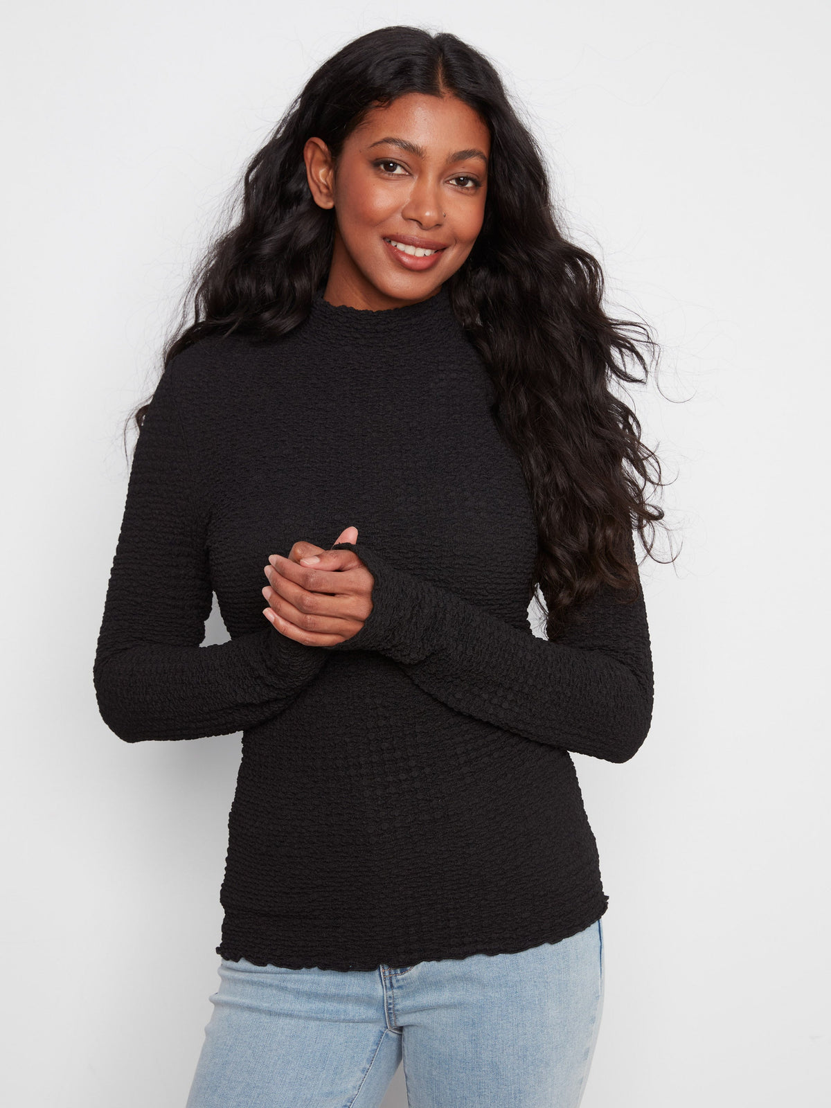 Bubble Knit Mock Neck Top - Black