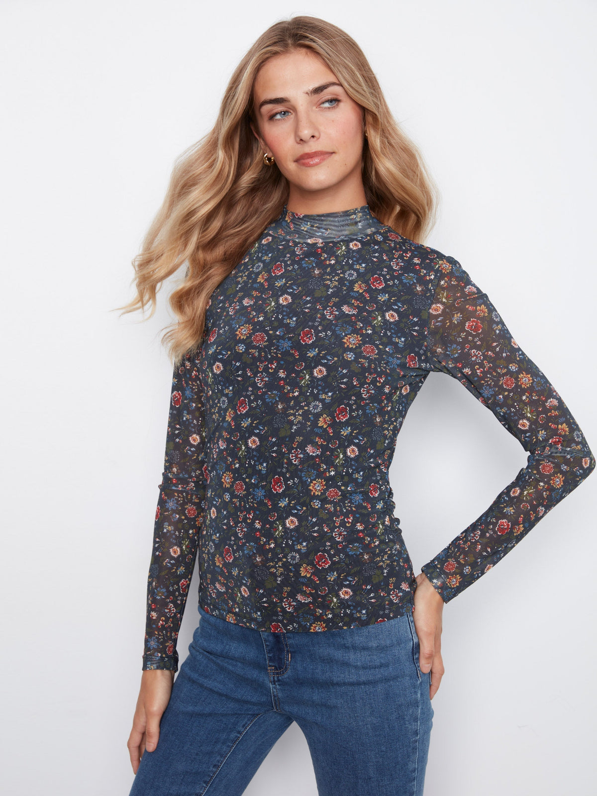 Printed Mesh Mock Neck Top - Folk