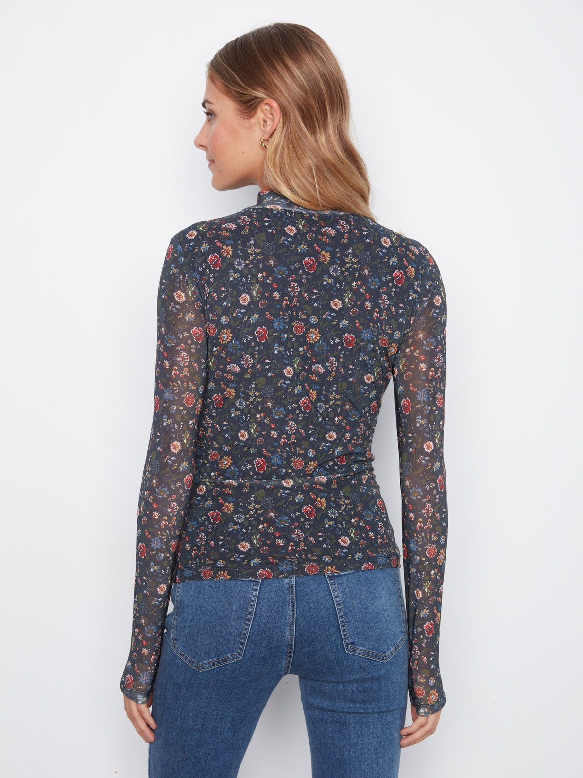 Printed Mesh Mock Neck Top - Folk