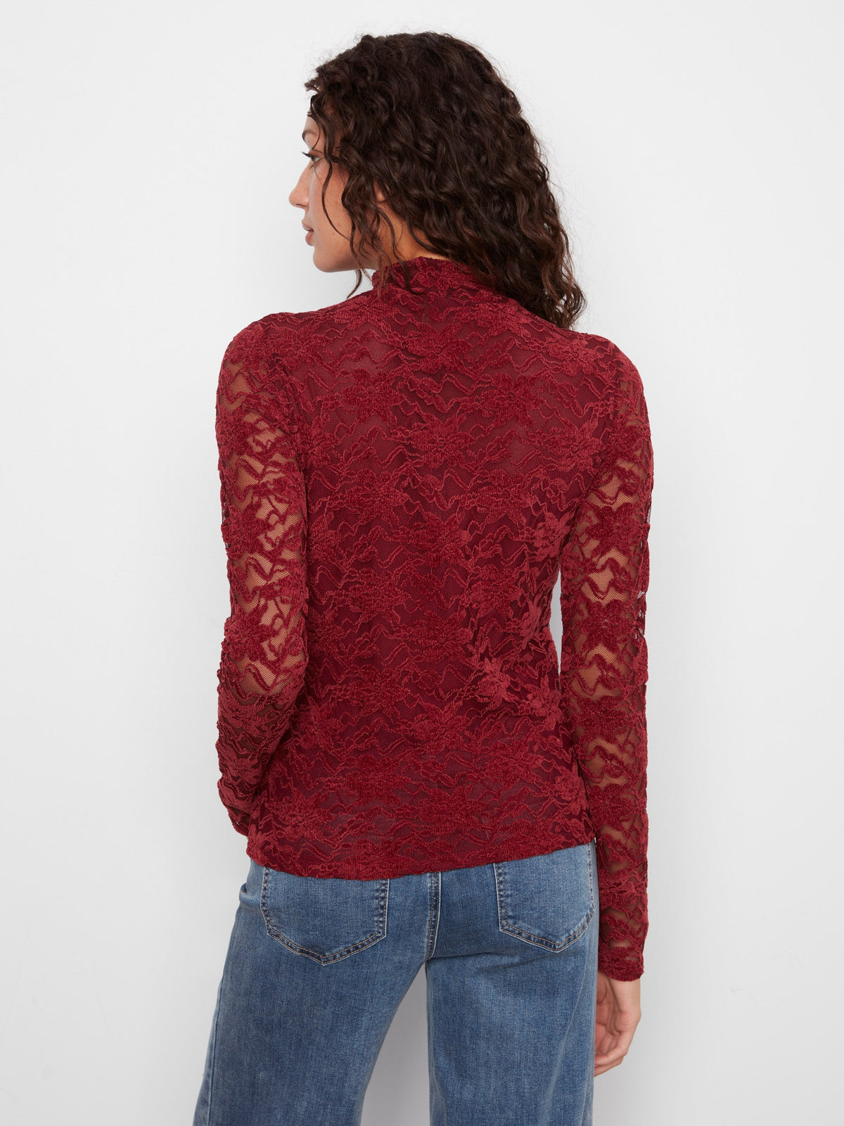 Lace Mock Neck Top - Merlot