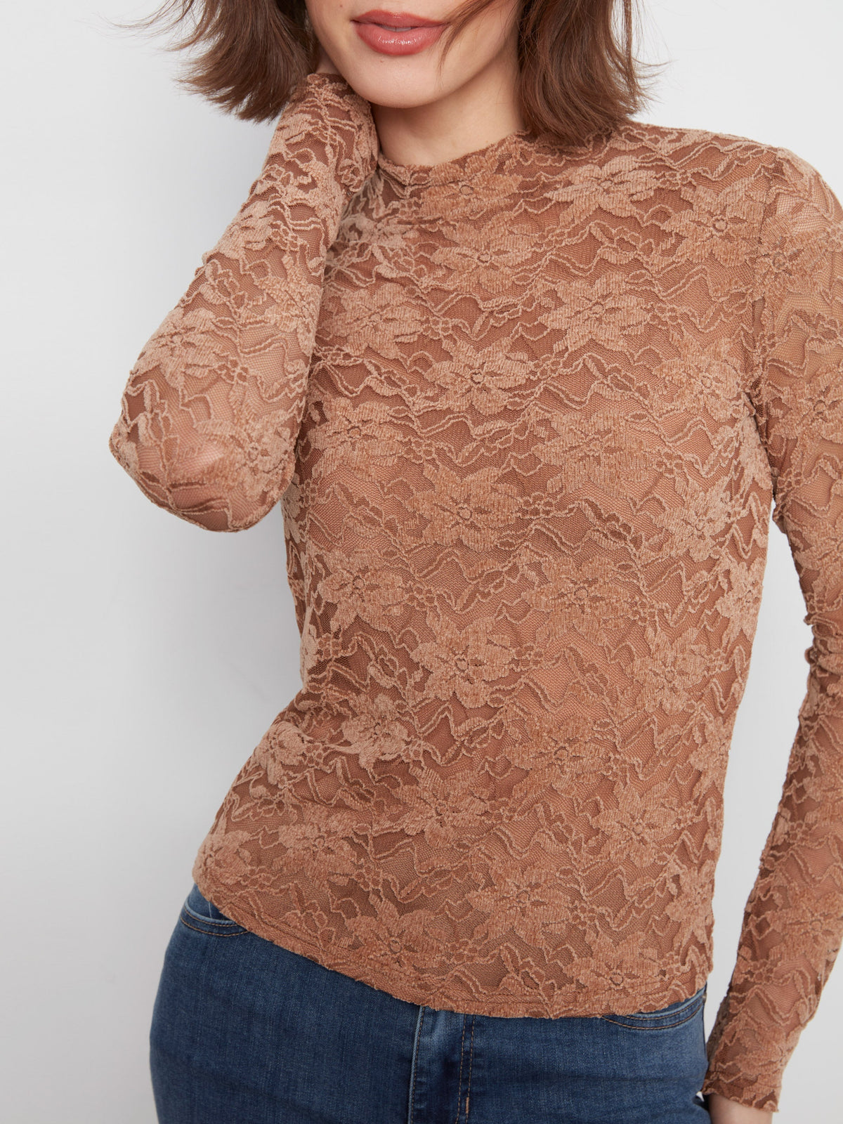 Lace Mock Neck Top - Truffle