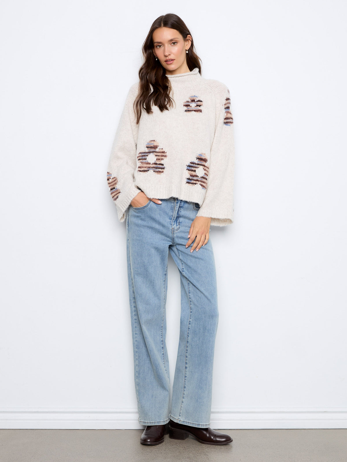 Floral Mock Neck Knit Sweater - Lake Tahoe