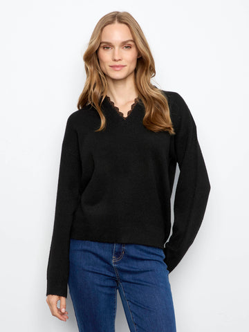 V-Neck Sweater With Woven Trim - Black