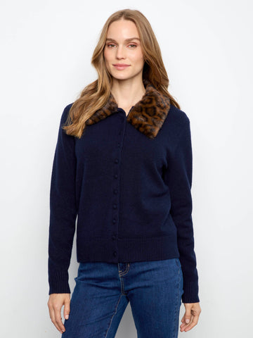 Faux Fur Collar Cardigan - Navy