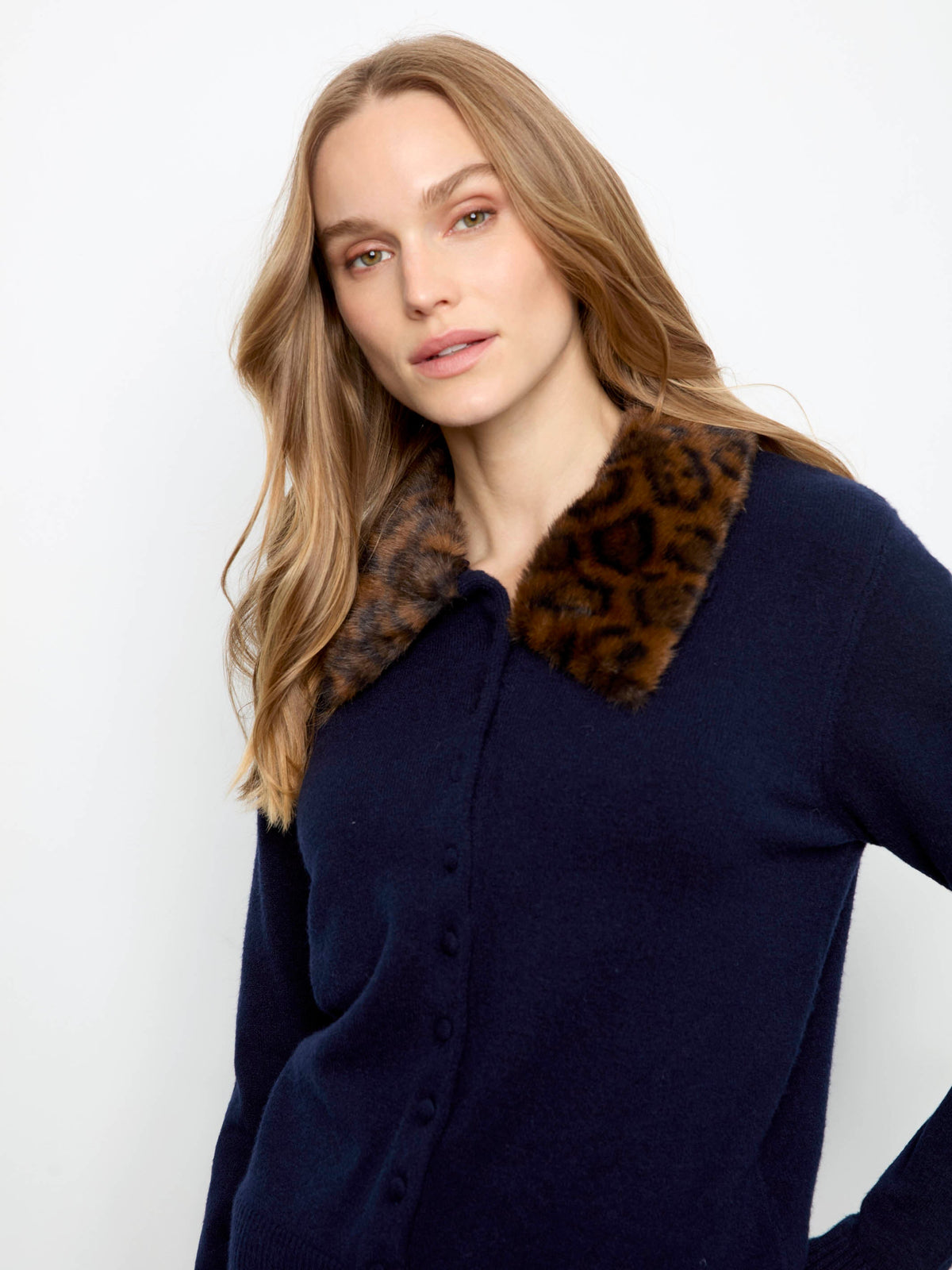 Faux Fur Collar Cardigan - Navy