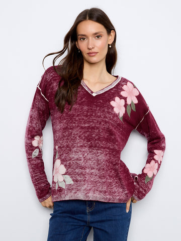 Reversible Floral V-Neck Sweater - Merlot