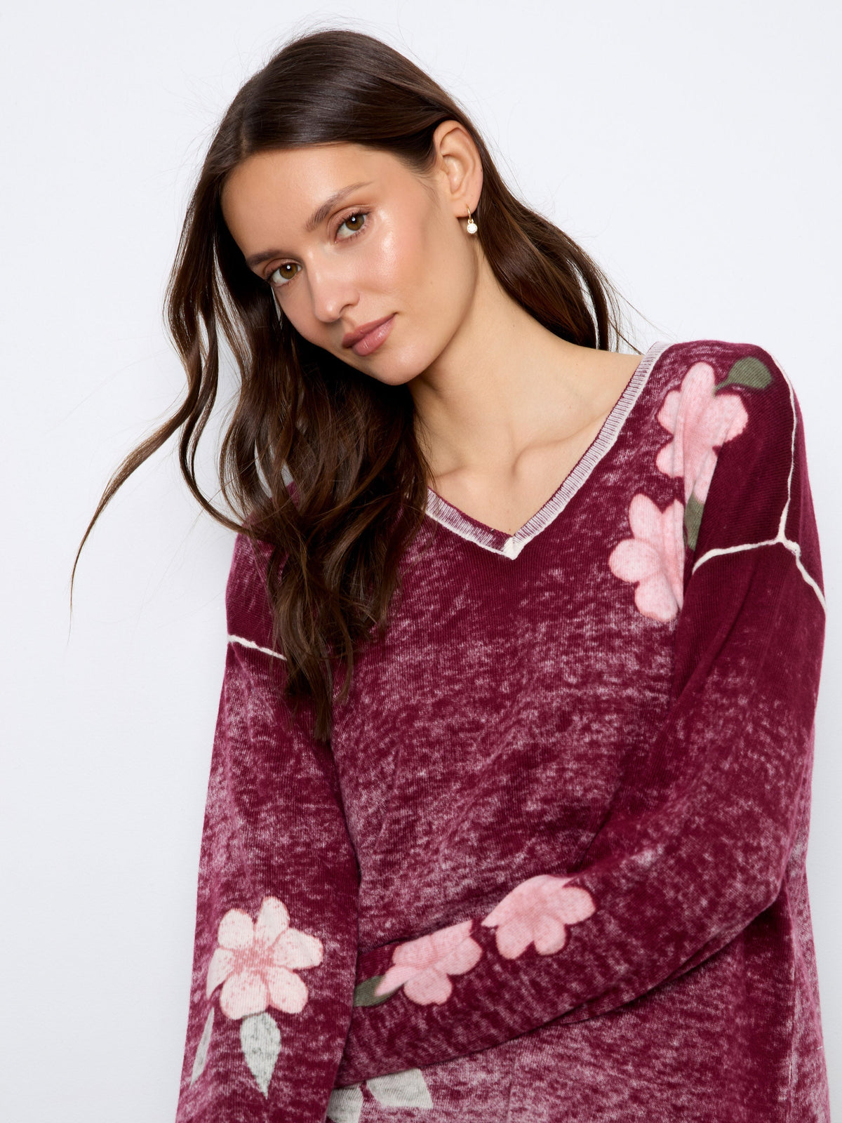 Reversible Floral V-Neck Sweater - Merlot