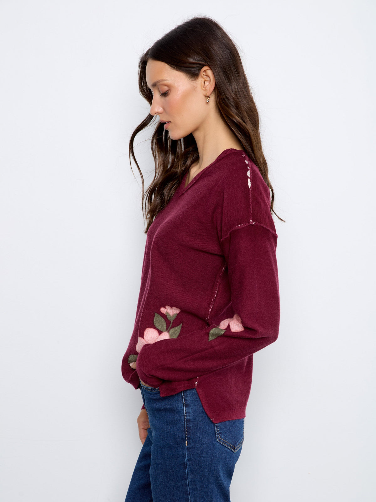 Reversible Floral V-Neck Sweater - Merlot