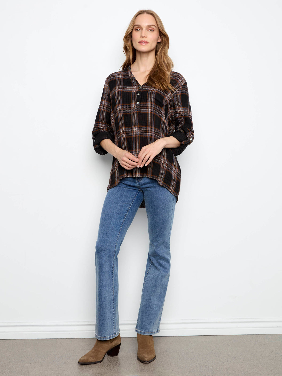 Plaid Double Gauze Blouse - Black