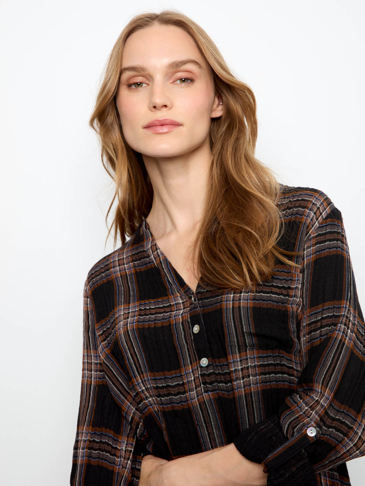 Plaid Double Gauze Blouse - Black