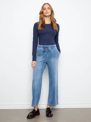 Cropped Knit Denim Wide Leg Jogger Pants - Medium Blue
