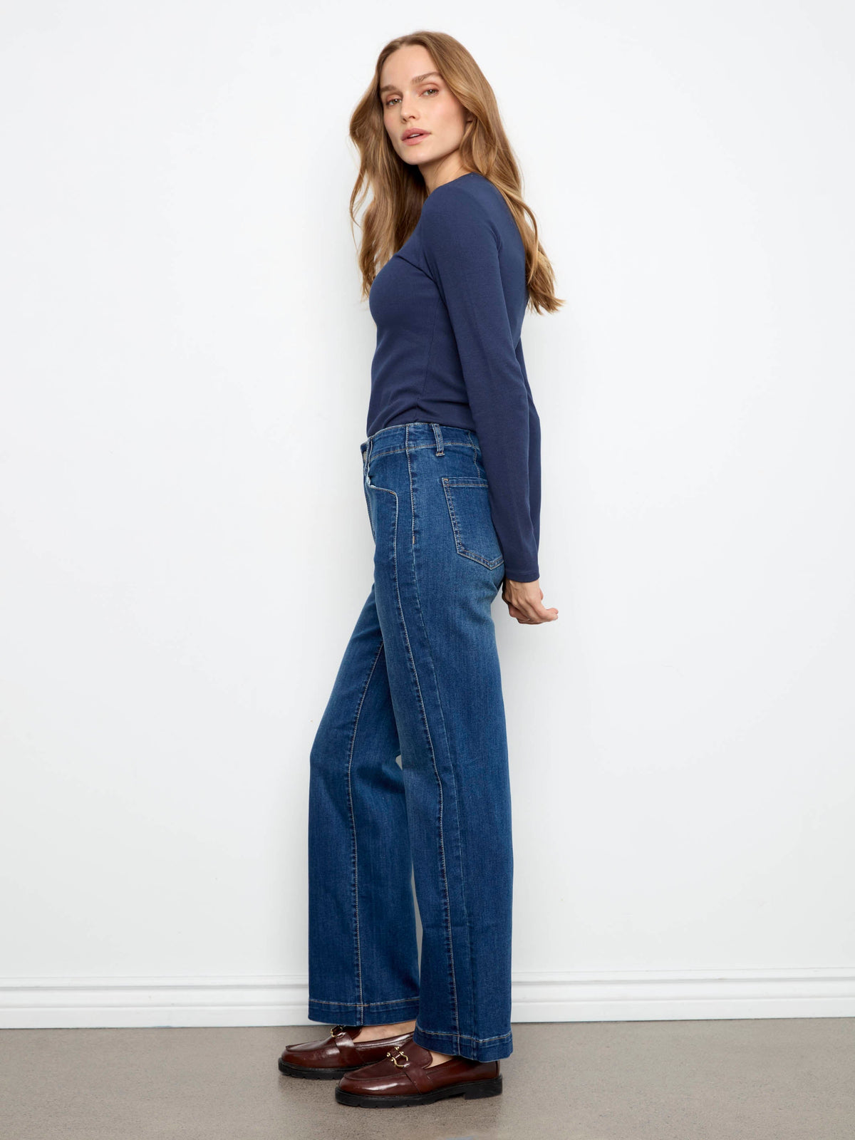 Straight Leg Jeans With Front Panel Detail - Washed Indigo