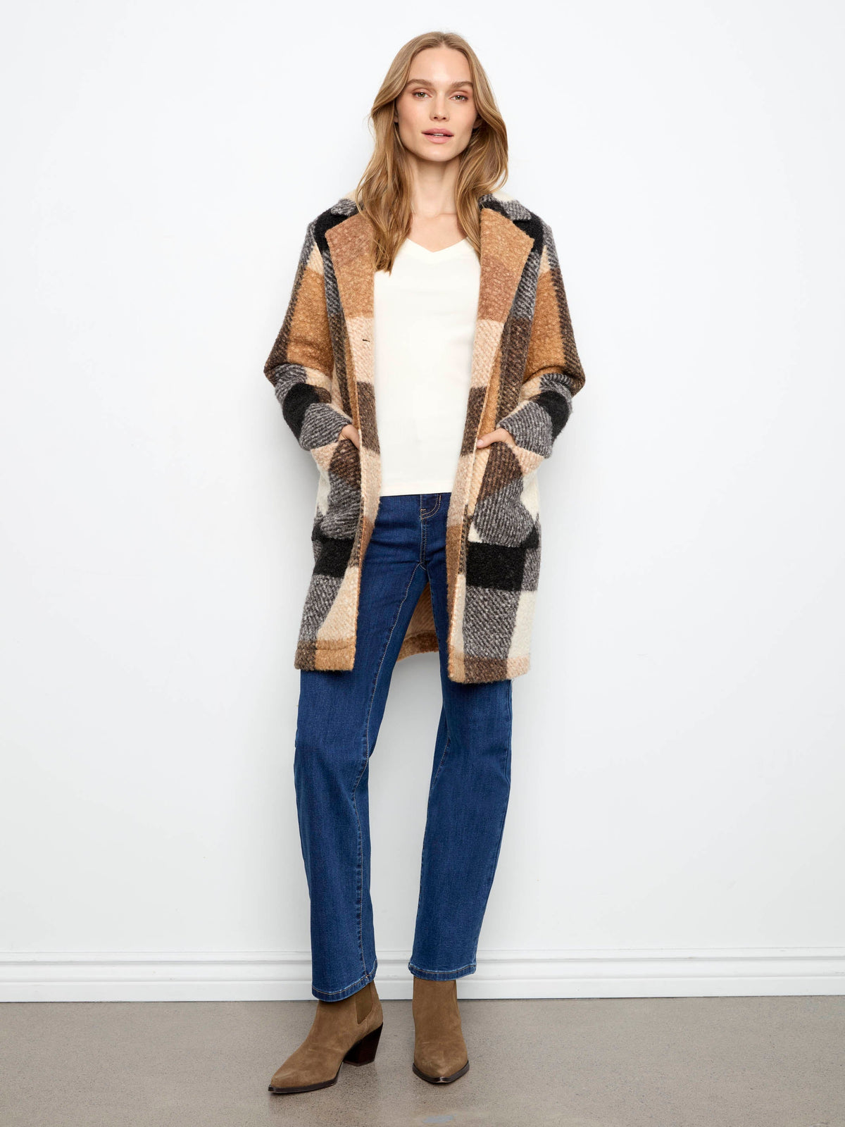 Plaid Bouclé Knit Coat - Taupe