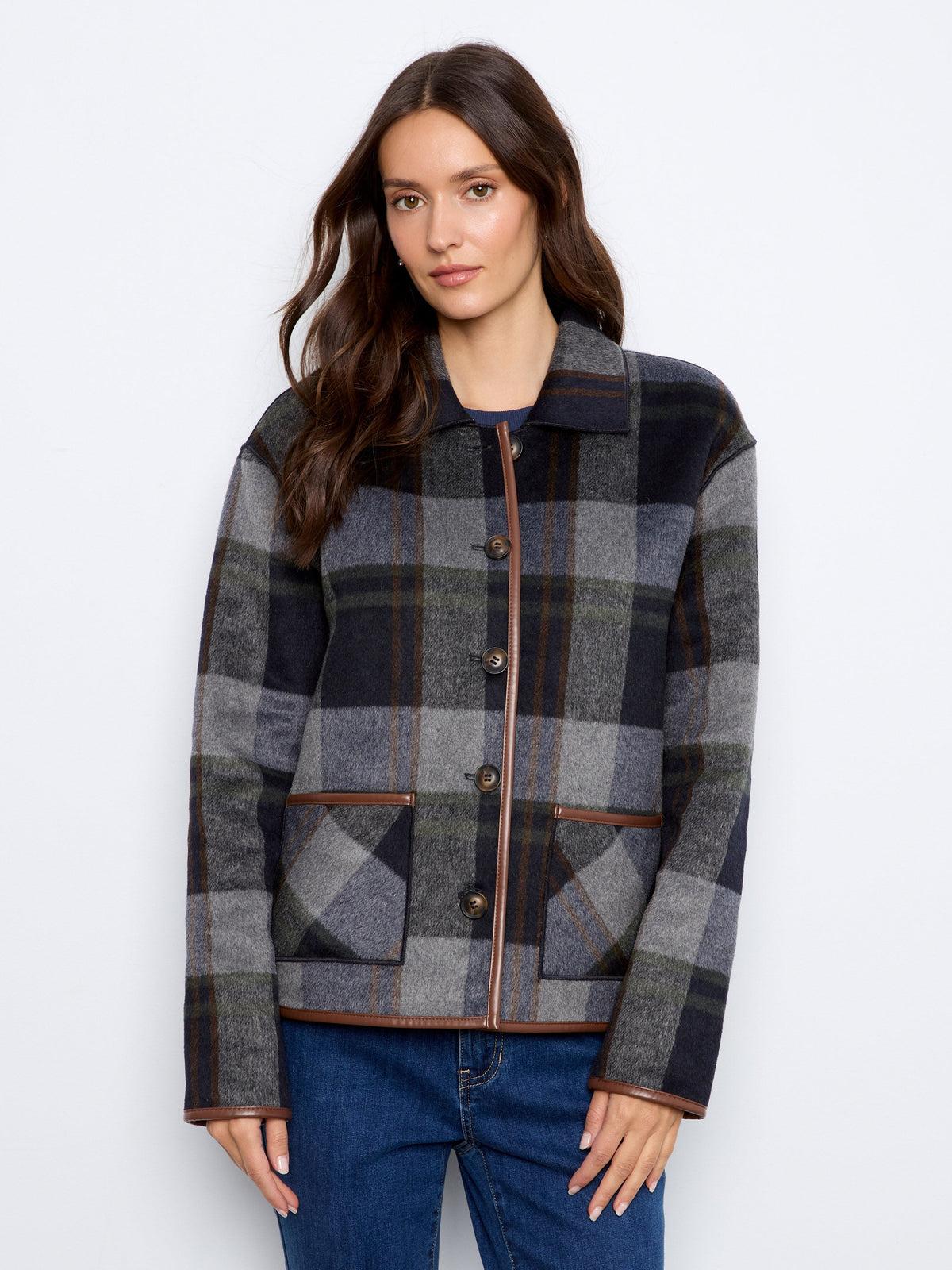 Reversible Plaid Jacket With Faux Leather Binding - Navy