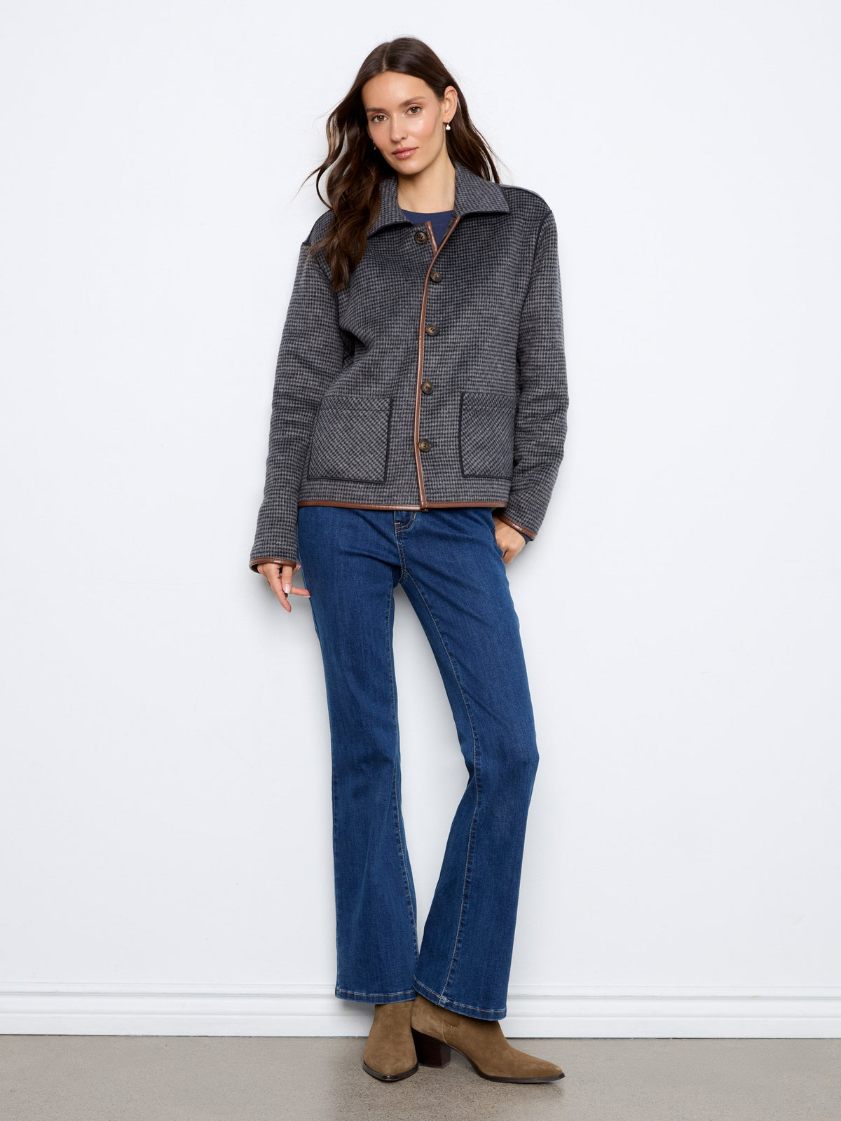 Reversible Plaid Jacket With Faux Leather Binding - Navy