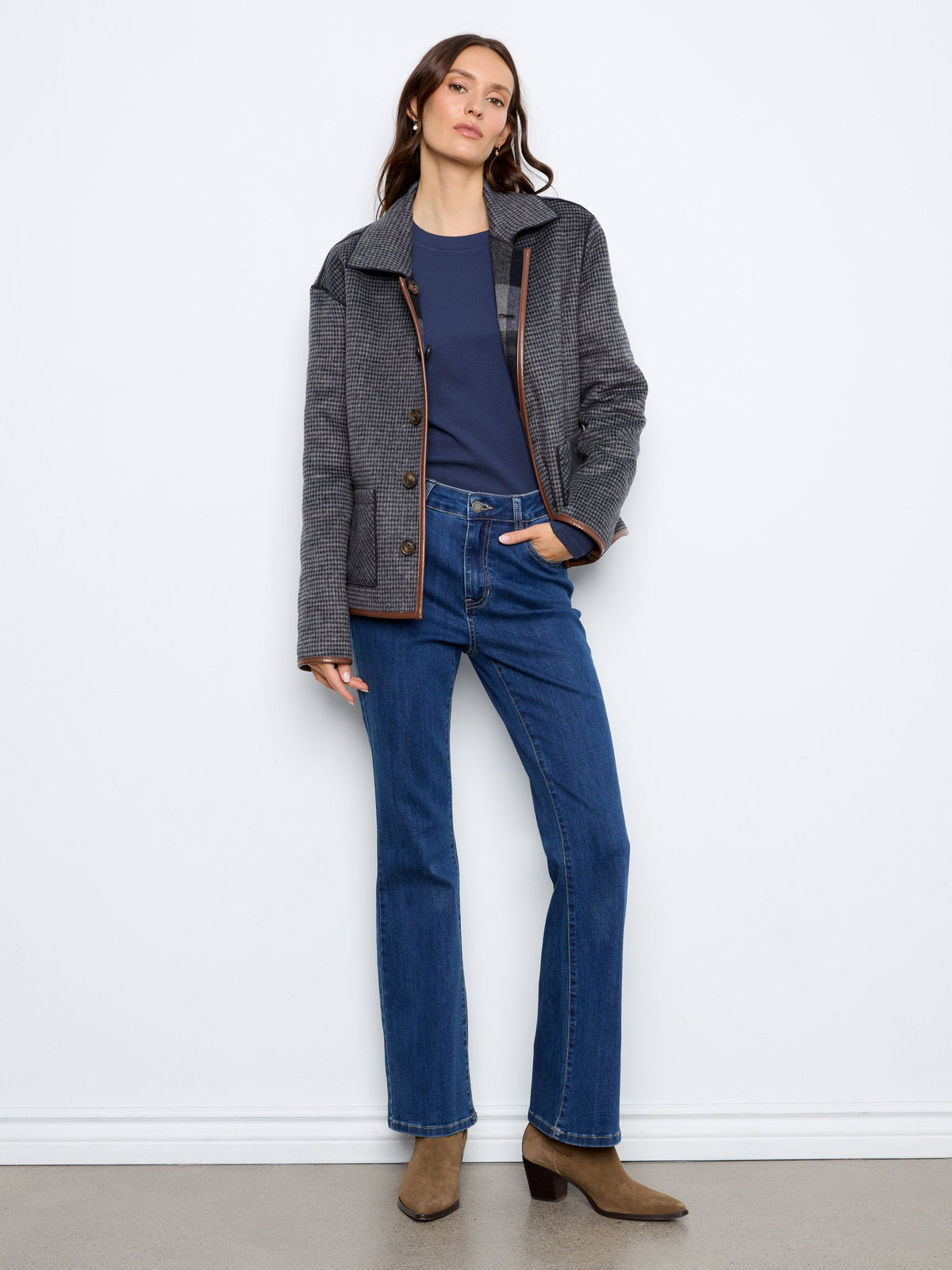 Reversible Plaid Jacket With Faux Leather Binding - Navy