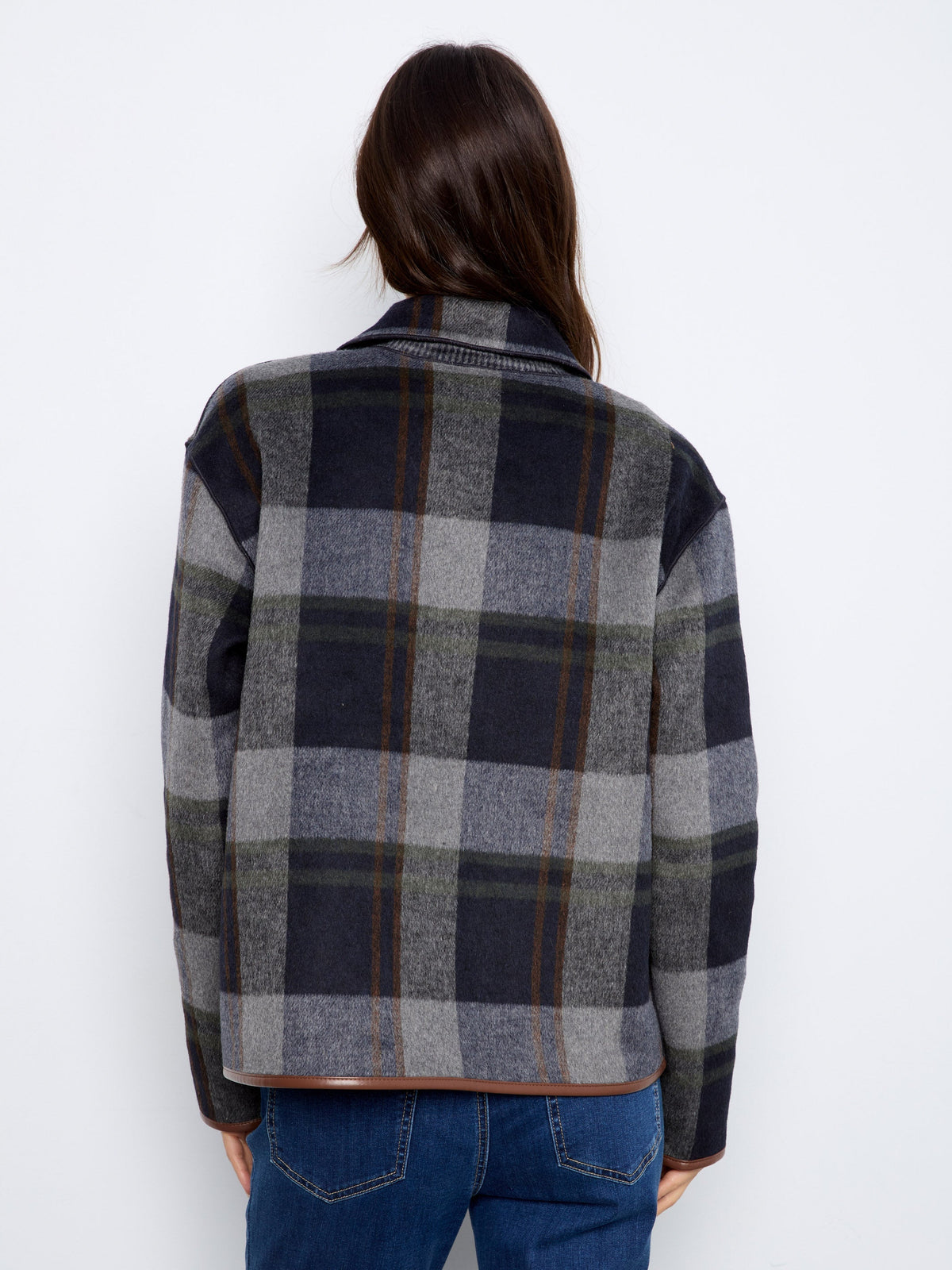Reversible Plaid Jacket With Faux Leather Binding - Navy
