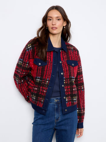 Plaid Bouclé Jacket With Denim Trim - Cranberry