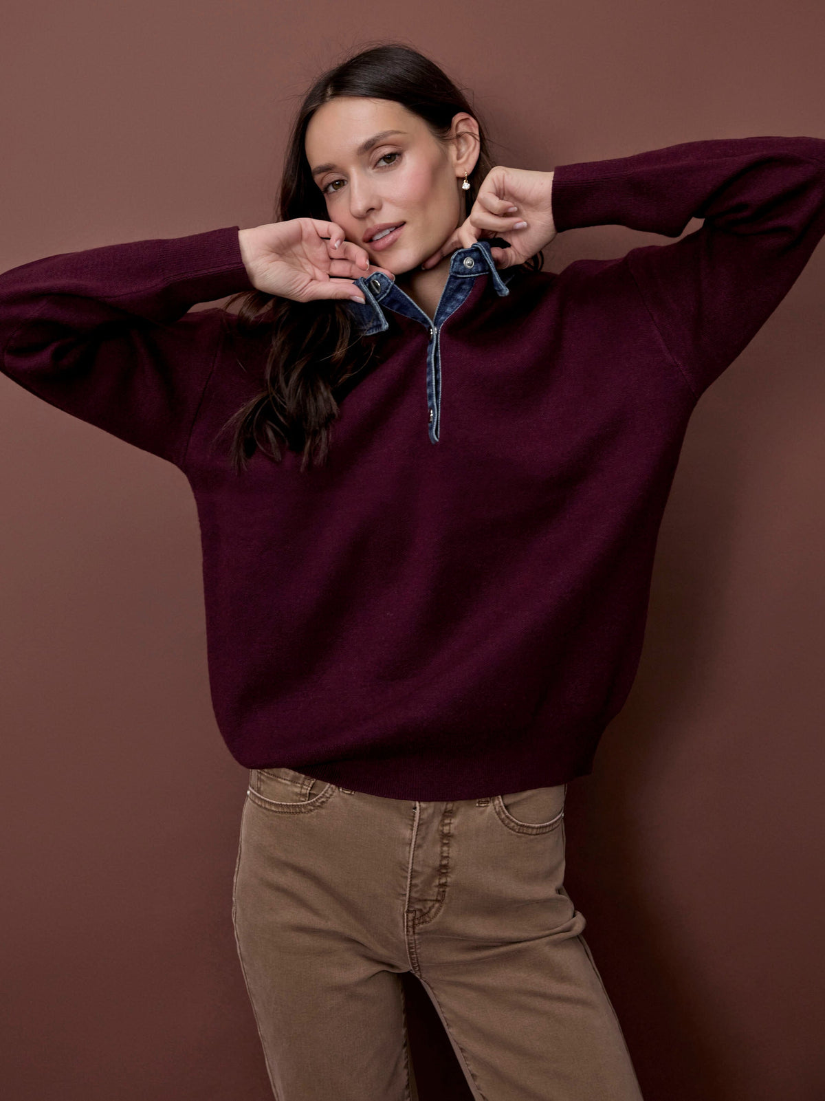Denim Trim Polo Sweater - Merlot