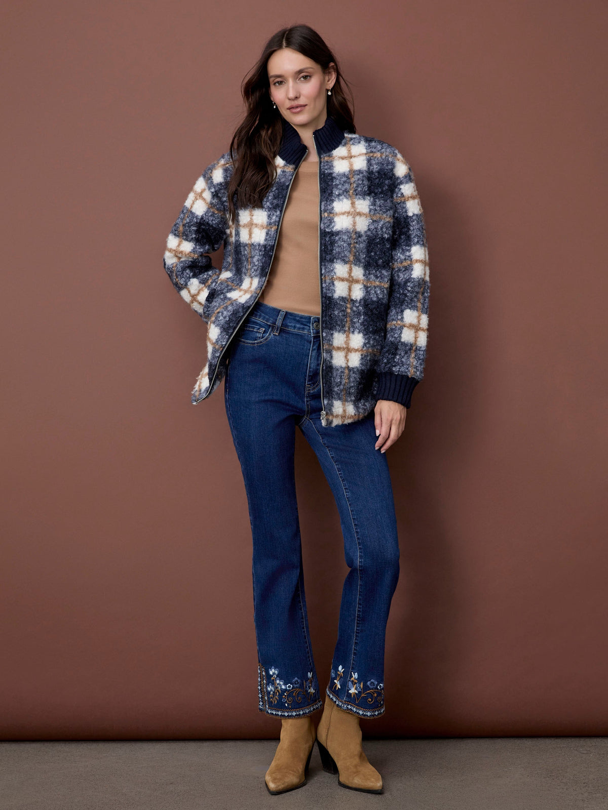 Plaid Bouclé Zip-Up Jacket - Midnight
