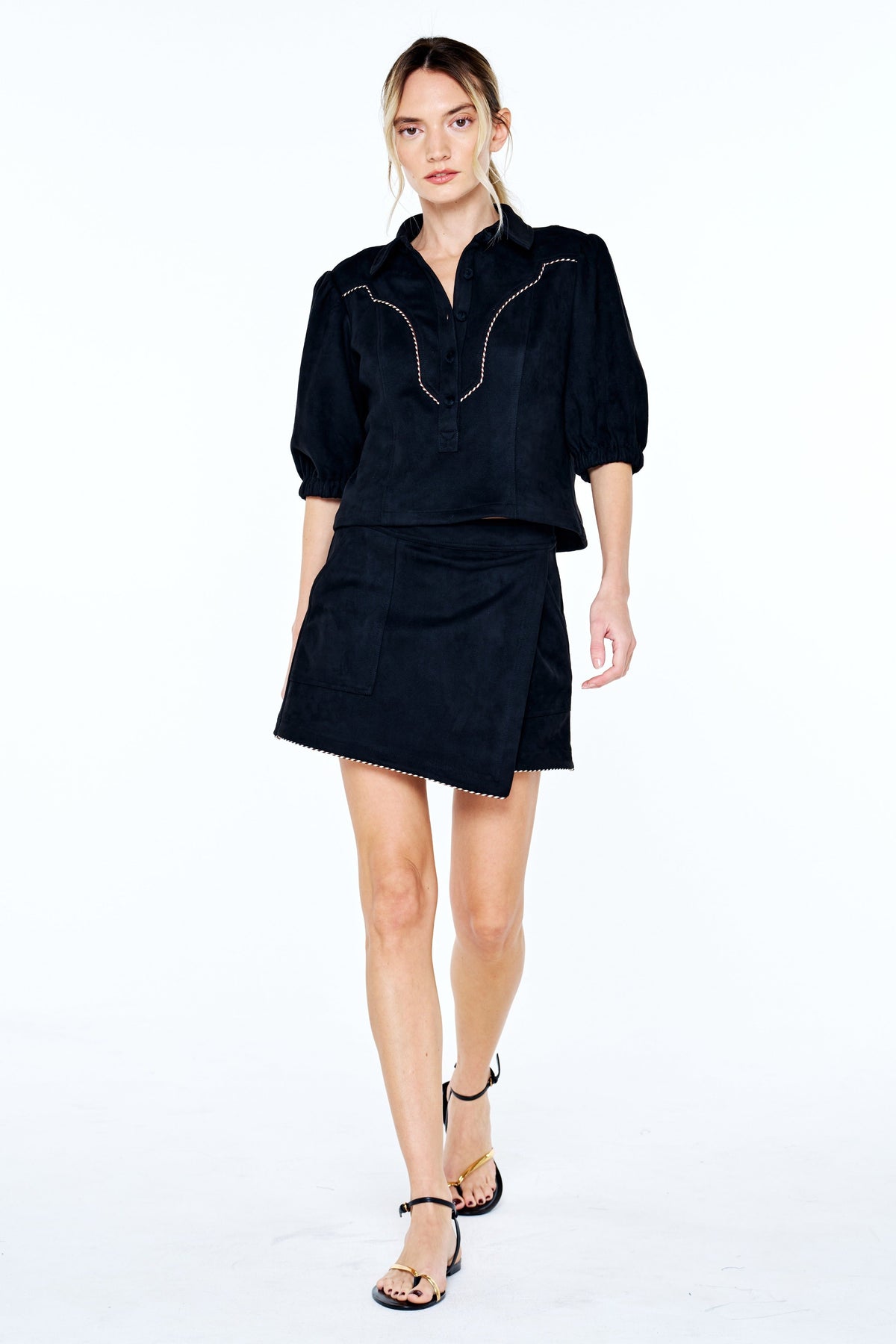 VYNESSA FAUX SUEDE PIPING DETAIL TOP