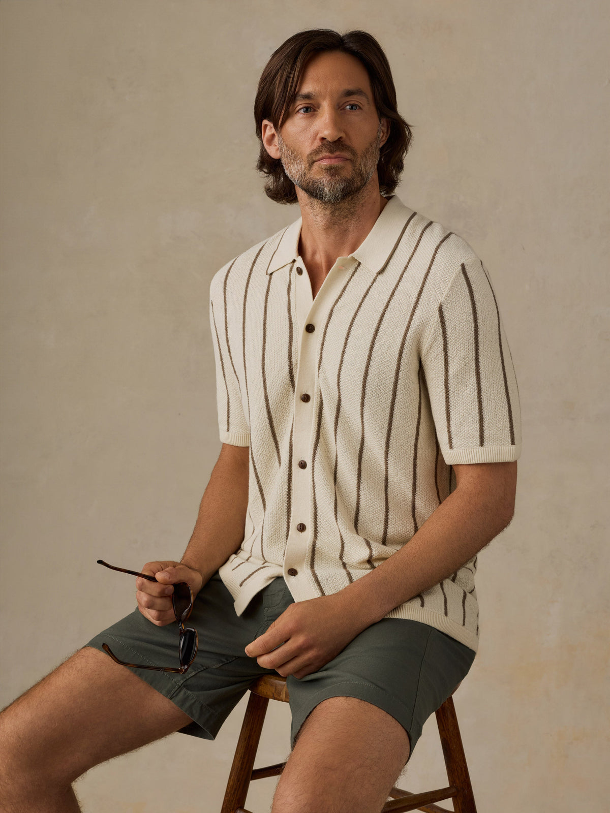 Short-Sleeve Sweater Shirt - Cream Walnut Stripe