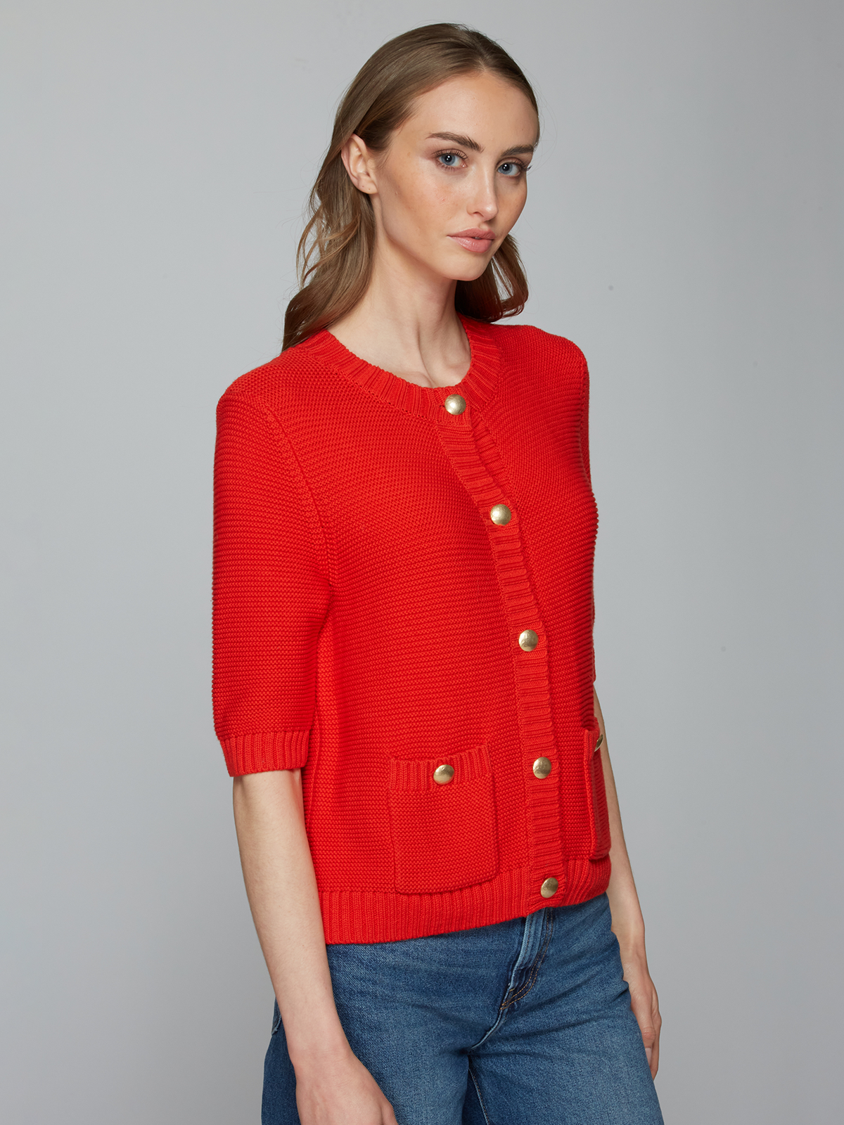Button Front Elbow Sleeve Jacket W/ Pockets in Apple