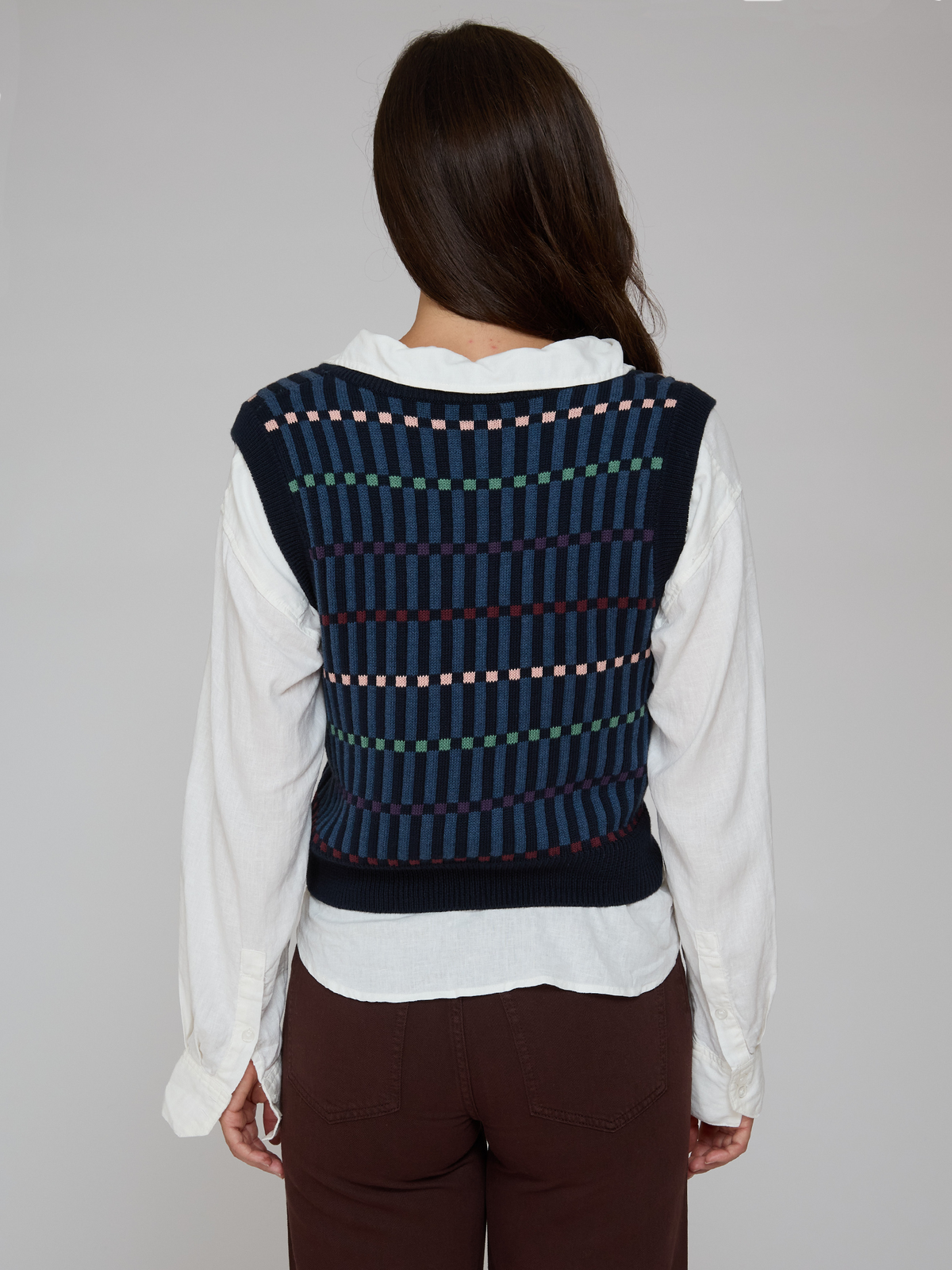 Jacquard V Neck Vest in Navy Blue Combo